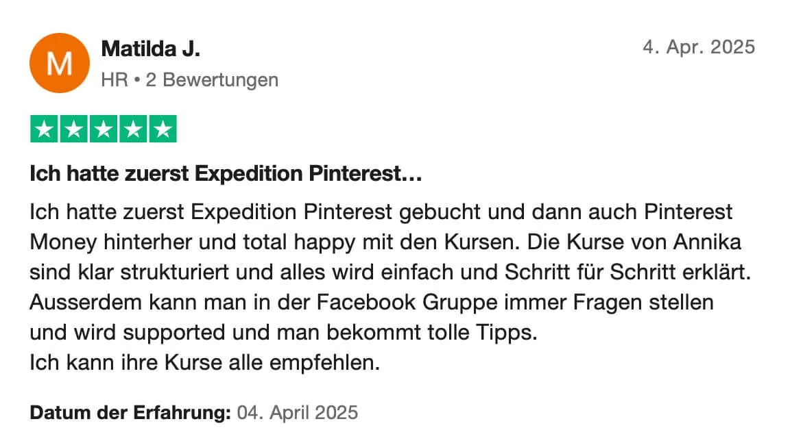 Trustpilot Review von Matilda. 5 Sterne review
