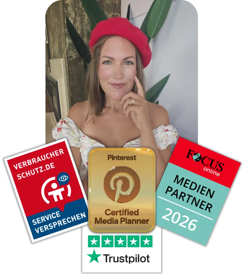 Annika Rojas Gonzalez, darunter die Siegel Verbraucherschutz.de Serviceversprechen, Pinterest Certified Media Planner, FOCUS online Medienpartner 2026 und Trustpilot
