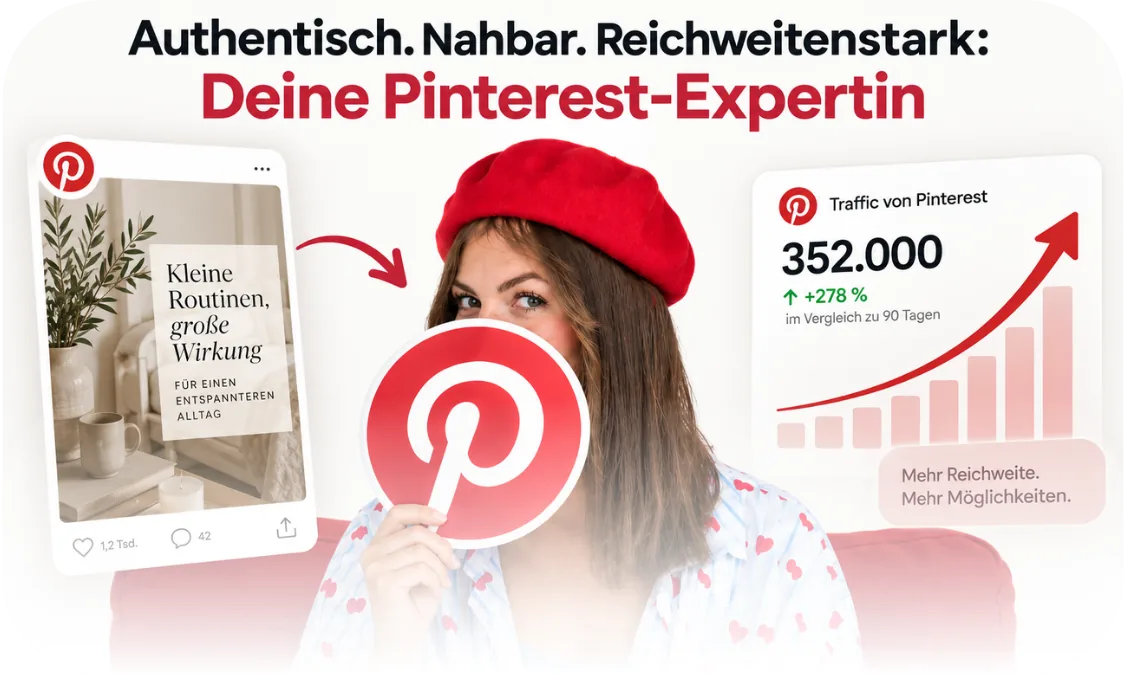 Authentisch. Nahbar. Reichweitenstark: Deine Pinterest-Expertin – Annika mit Pinterest-Logo, einem Beispiel-Pin und 352.000 Besuchern über Pinterest